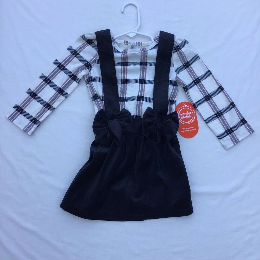 NEW 2 Piece Dress Set Black Velvet Bow Accents Plaid Top Size 2T